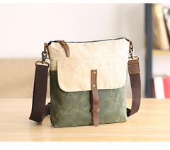 Wax Canvas Leather Mens Small Waterproof Vertical Green Side Bag Courier Bag Messenger Bag for Men