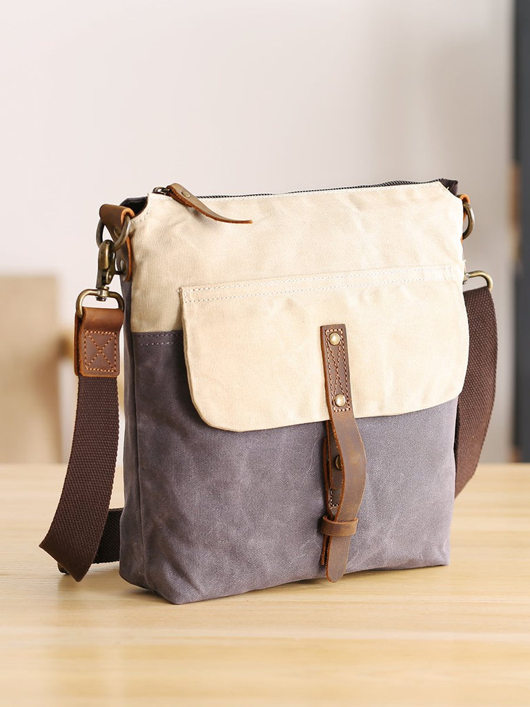 Wax Canvas Leather Mens Small Waterproof Vertical Green Side Bag Courier Bag Messenger Bag for Men