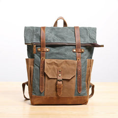 Waxed Canvas Leather Mens 17‘’ Lake Green Backpack Khaki Travel Backpack Dark Gray Hiking Backpack for Men