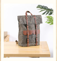 Waxed Canvas Leather Mens 15‘’ Green Waterproof Backpack Khaki Travel Backpack Hiking Backpack for Men