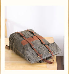 Waxed Canvas Leather Mens 15‘’ Green Waterproof Backpack Khaki Travel Backpack Hiking Backpack for Men