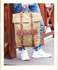 Waxed Canvas Leather Mens 15‘’ Green Waterproof Backpack Khaki Travel Backpack Hiking Backpack for Men
