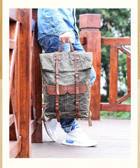 Waxed Canvas Leather Mens 15‘’ Green Waterproof Backpack Khaki Travel Backpack Hiking Backpack for Men