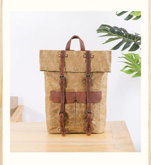 Waxed Canvas Leather Mens 15‘’ Green Waterproof Backpack Khaki Travel Backpack Hiking Backpack for Men
