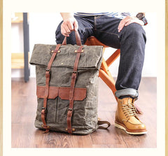 Waxed Canvas Leather Mens 15‘’ Green Waterproof Backpack Khaki Travel Backpack Hiking Backpack for Men