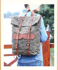 Waxed Canvas Leather Mens 15‘’ Green Waterproof Backpack Khaki Travel Backpack Hiking Backpack for Men