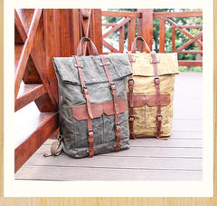 Waxed Canvas Leather Mens 15‘’ Green Waterproof Backpack Khaki Travel Backpack Hiking Backpack for Men