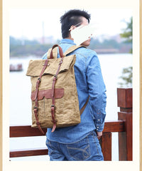 Waxed Canvas Leather Mens 15‘’ Green Waterproof Backpack Khaki Travel Backpack Hiking Backpack for Men
