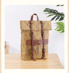 Waxed Canvas Leather Mens 15‘’ Green Waterproof Backpack Khaki Travel Backpack Hiking Backpack for Men