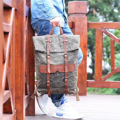 Waxed Canvas Leather Mens 15‘’ Green Waterproof Backpack Khaki Travel Backpack Hiking Backpack for Men