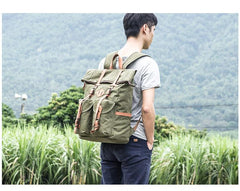 Waxed Canvas Leather Mens Dark Gray Waterproof 15‘’ Large Backpack Travel Backpack Green Hiking Backpack for Men