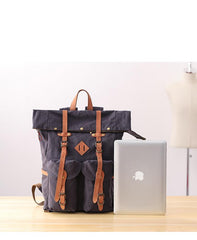 Waxed Canvas Leather Mens Dark Gray Waterproof 15‘’ Large Backpack Travel Backpack Green Hiking Backpack for Men