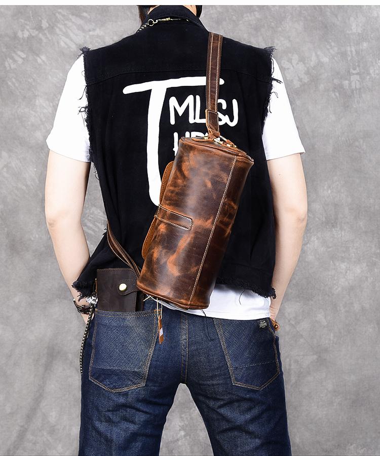 Leather Mens Vintage Brown Side Bag Barrel Messenger Bag Small Bucket