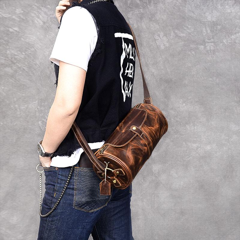Leather Mens Vintage Brown Side Bag Barrel Messenger Bag Small Bucket