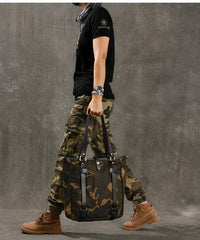 Waxed Canvas Leather Mens Womens 14'' Camouflage Tote Bag Handbag Tote Bag Shoulder Bag Tote Purse For Men