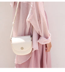 White LEATHER WOMEN SMALL SADDLE SHOULDER BAG FOR WOMEN