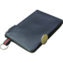 Women Navy Leather Mini Zip Wallet with Keychain Billfold Slim Coin Wallet Small Zip Change Wallet For Women