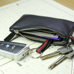 Women Navy Leather Mini Zip Wallet with Keychain Billfold Slim Coin Wallet Small Zip Change Wallet For Women