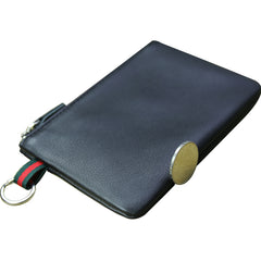 Women Black Leather Mini Zip Wallet with Keychain Billfold Slim Coin Wallet Small Zip Change Wallet For Women