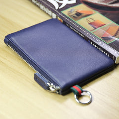 Women Navy Leather Mini Zip Wallet with Keychain Billfold Slim Coin Wallet Small Zip Change Wallet For Women