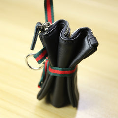 Women Navy Leather Mini Zip Wallet with Keychain Billfold Slim Coin Wallet Small Zip Change Wallet For Women