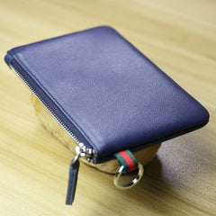 Women Navy Leather Mini Zip Wallet with Keychain Billfold Slim Coin Wallet Small Zip Change Wallet For Women
