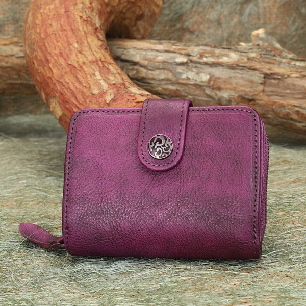 Small Purple Leather Trifold Wallet Vintage Billfold - Interior View