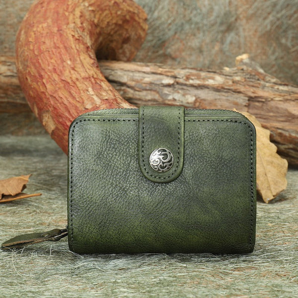 Small Green Leather Trifold Wallet for Women