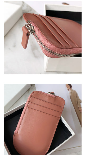 Women Red Leather Vertical Card Holder Wallet Zip Change Wallet Slim Zipper Coin CH00482063