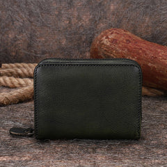 Small Green Leather Bifold Wallet Vintage Billfold Cute Women Zip Wallet For Ladies