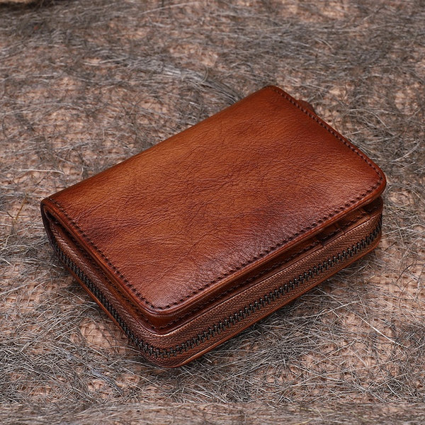 Small Brown Leather Bifold Wallet Vintage Billfold - Chain Detail