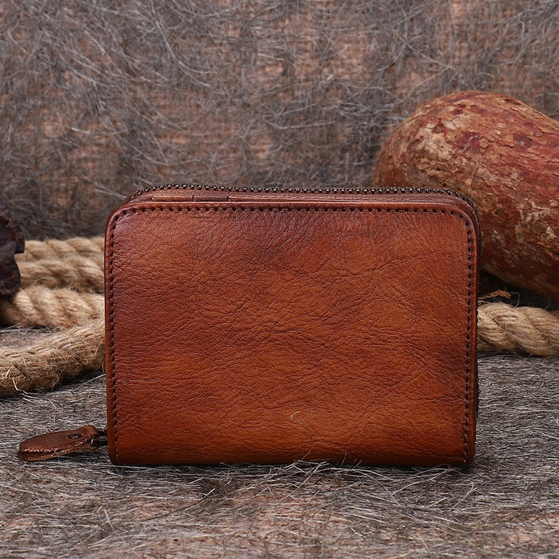 Small Red Leather Bifold Wallet Vintage Billfold - Stitching Detail