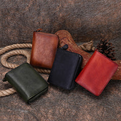 Small Brown Leather Bifold Wallet Vintage Billfold Cute Women Zip Wallet For Ladies