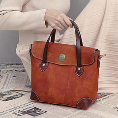 Vintage Coffee Leather Women's Shoulder Doctor Bag Leather Handbags Shoulder Work Purse for Ladies