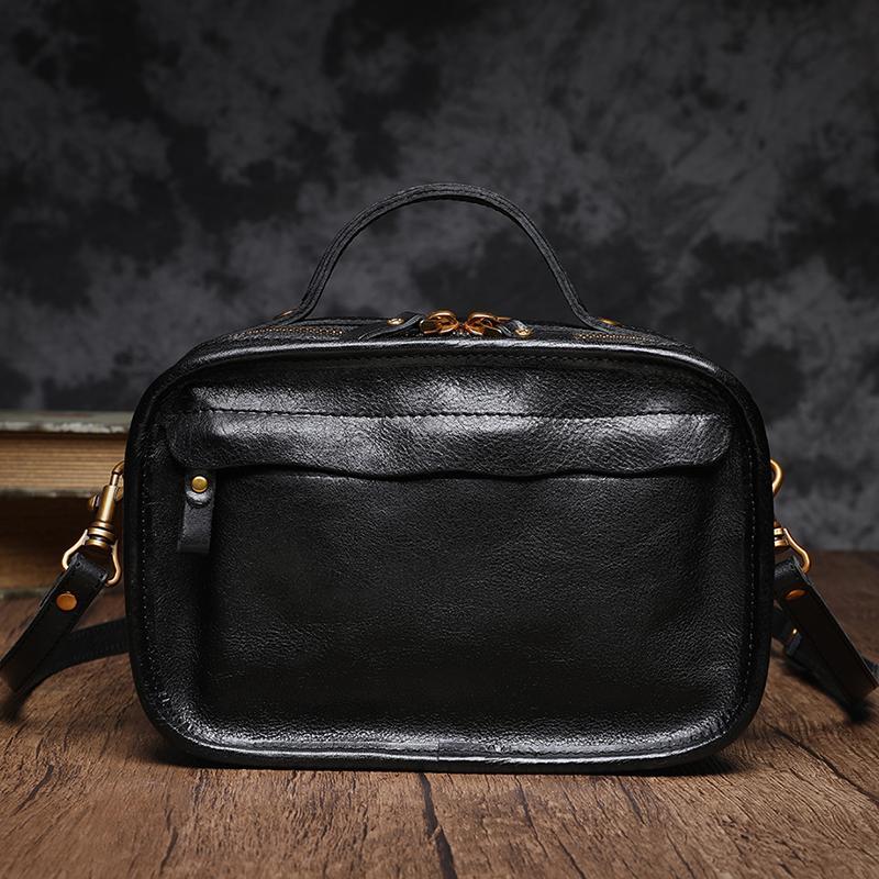 Vintage Womens Coffee Small Cube Handbag Leather Black Women's Shoulder Purse for Ladies