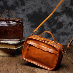 Vintage Womens Brown Small Cube Handbag Leather Black Women's Shoulder Purse for Ladies