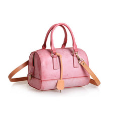 Vintage Womens Waxed Leather Boston Handbags Purse - Chain Detail