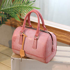 Vintage Womens Waxed Leather Boston Handbags Purse - Bill Slots Detail