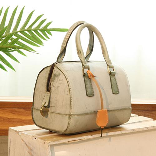 Vintage Gray Womens Waxed Leather Boston Handbags Purse Small Side Bag Purse for YS6328010