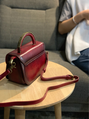 Women's Leather Small Red Satchel Handbag Shoulder Bag Fashion Small Red Leather Satchel Purse for Girls
