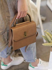 Fashion Brown Women's Small Handle Leather Satchel Handbag Purse Gray Square Shoulder Bag Crossbody Purse