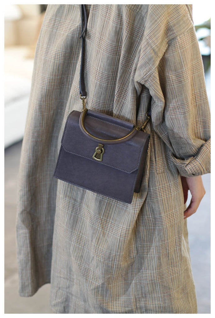Fashion Brown Women s Small Handle Leather Satchel Handbag Purse Gray Square Shoulder Bag Crossbody Purse