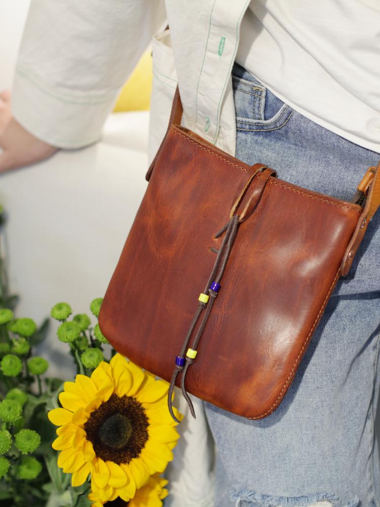 Vintage Brown Leather Women's Small Satchel Shoulder Bag Purse Boho Le