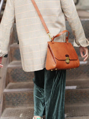 Vintage Brown Leather Women's Top Handle Handbag Structured Small Green Satchel Bag Shoulder Bag Purse