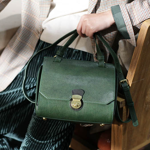 Vintage Brown Leather Women's Top Handle Handbag Structured Small Green Satchel Bag Shoulder Bag Purse