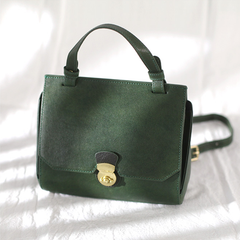 Vintage Brown Leather Women's Top Handle Handbag Structured Small Green Satchel Bag Shoulder Bag Purse