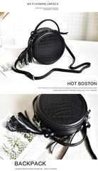Womens Black Leather Round Crossbody Bag Crocodile - Interior View