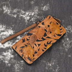 Womens Bird Floral Tan Leather Wristlet Wallet Zip Around Wallets Floral Ladies Zipper Clutch Wallet for Women