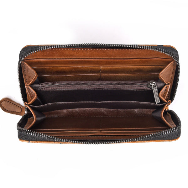 Womens Bird Floral Tan Leather Wristlet Wallet - Back View