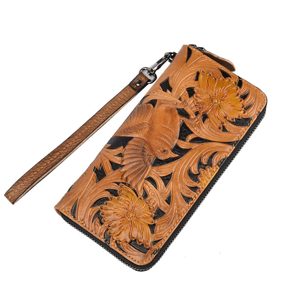 Womens Bird Floral Tan Leather Wristlet Wallet Zip Around Wallets Floral Ladies WW00991021